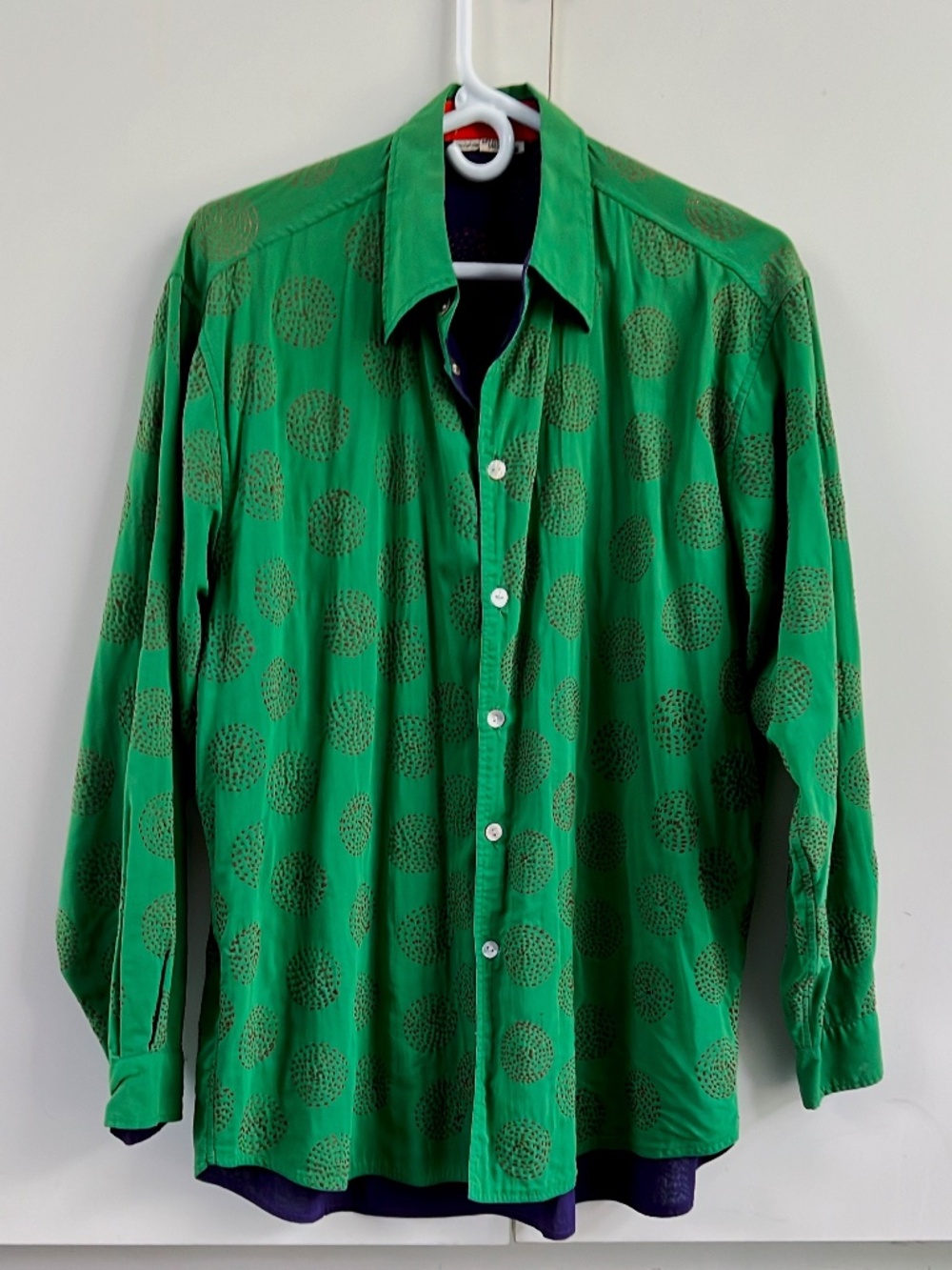 Alpana Bawa Men’s Small Reversible Green Embroidered Cotton Button-Up Shirt